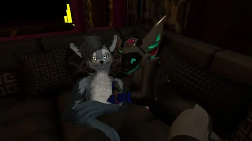 A 3D animated wolf with glowing green eyes and robotic features sitting on a dark vehicle seat next to a furry human character with dark hair and wolf-like ears.