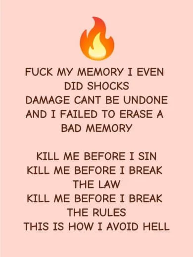 Pink background with a fire emoji and black text expressing frustration about memory, shocks, damage, and breaking rules.