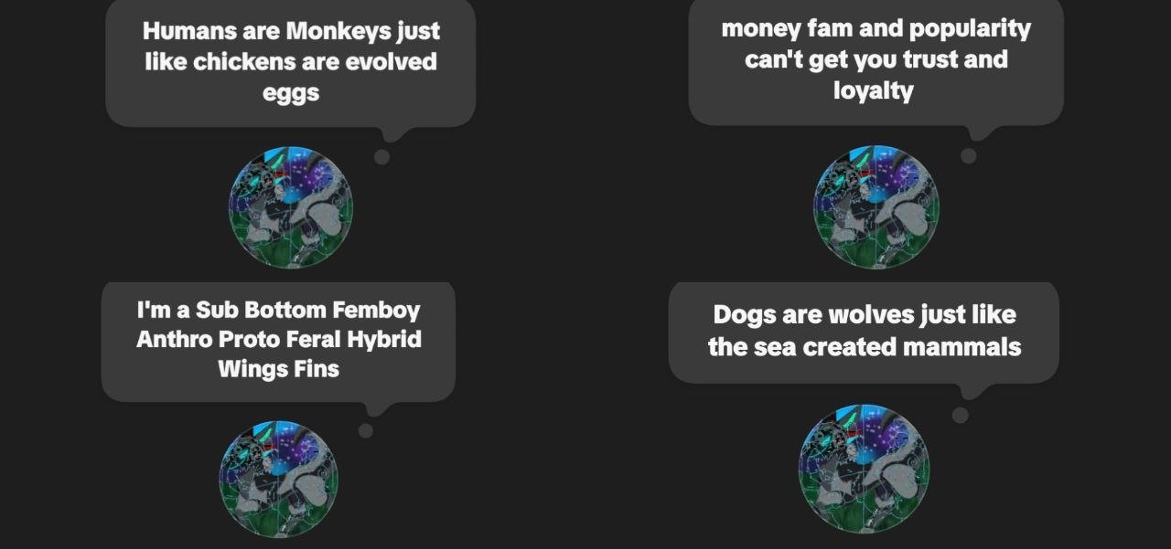 A digital graphic with four speech bubbles containing humorous and absurd statements, alternating with small circular images of a stylized unicorn illustration. The speech bubbles include statements about humans and monkeys, trust issues related to m