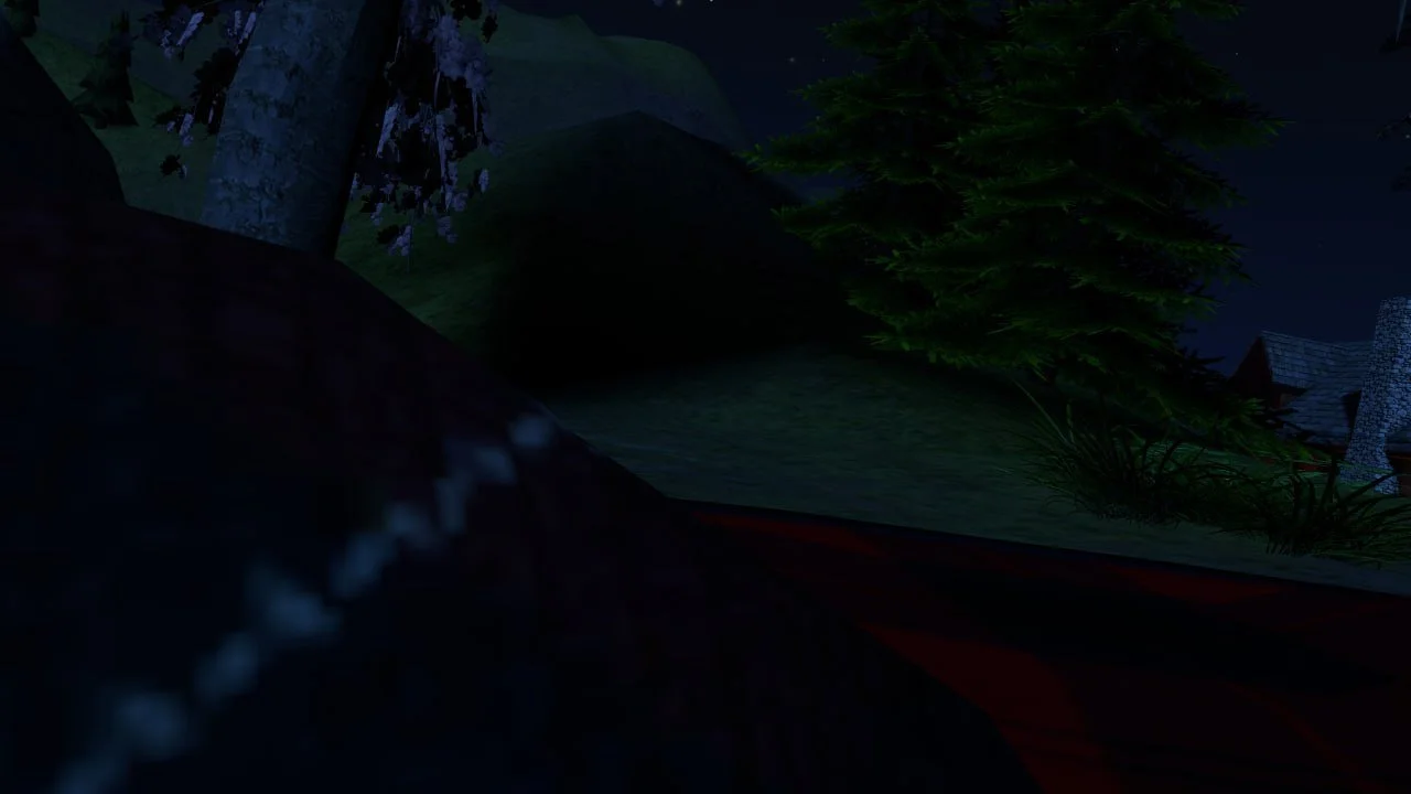 Nighttime scene of a yard with trees, bushes, and a house in the background.