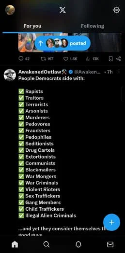 A screenshot of a Twitter post listing various negative labels and accusations against certain groups, including rapists, traitors, terrorists, arsonists, murderers, pedophiles, fraudsters, seditionists, drug cartels, extortionists, and others, with 