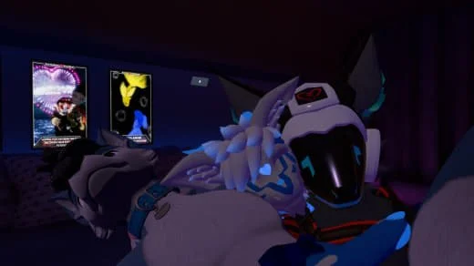 Four characters, including a dog, two with animal features and one wearing a helmet, are sitting close together in a room with movie posters on the wall.