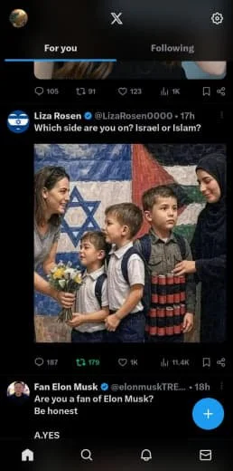 A Twitter conversation with a photo of two women and three children outdoors, with an Israeli flag and a red flag in the background.