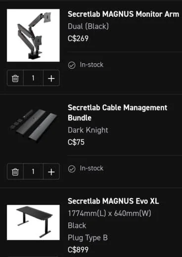 Screenshot of three Secretlab products for gaming setup: a Magnus monitor arm, a cable management bundle, and an EVO XL gaming desk.