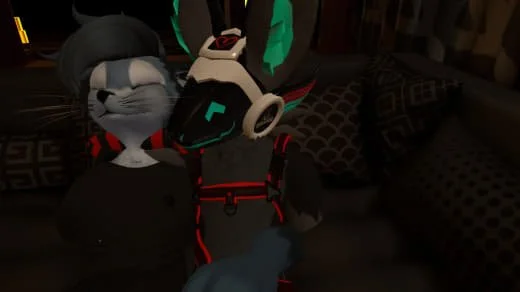 Animated character with cat ears and headphones in a dimly lit room.