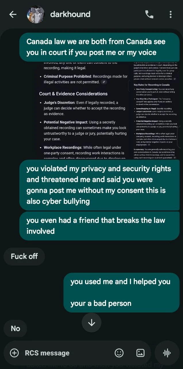 Screenshot of a WhatsApp chat conversation discussing privacy violations, cyberbullying, and feelings of betrayal, with offensive language included.