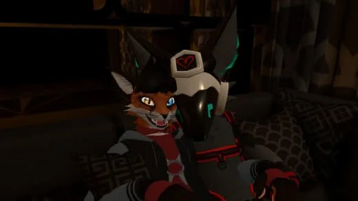 A cartoon-style anthropomorphic fox and wolf sitting together in a dimly lit room, with the fox smiling and the wolf's head resting on the fox's lap.