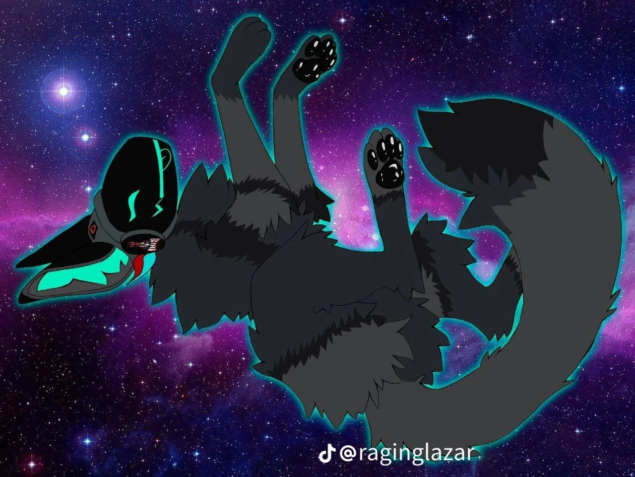 A cartoon wolf with a black helmet-like face, glowing teal accents, and a red tongue, floating in space with a starry purple and pink galaxy background.