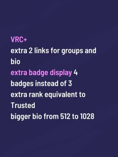 Text on a dark blue background listing features of VRC+: two extra links for groups and bio, an extra badge display with four badges instead of three, and an increased bio length from 512 to 1028 characters.