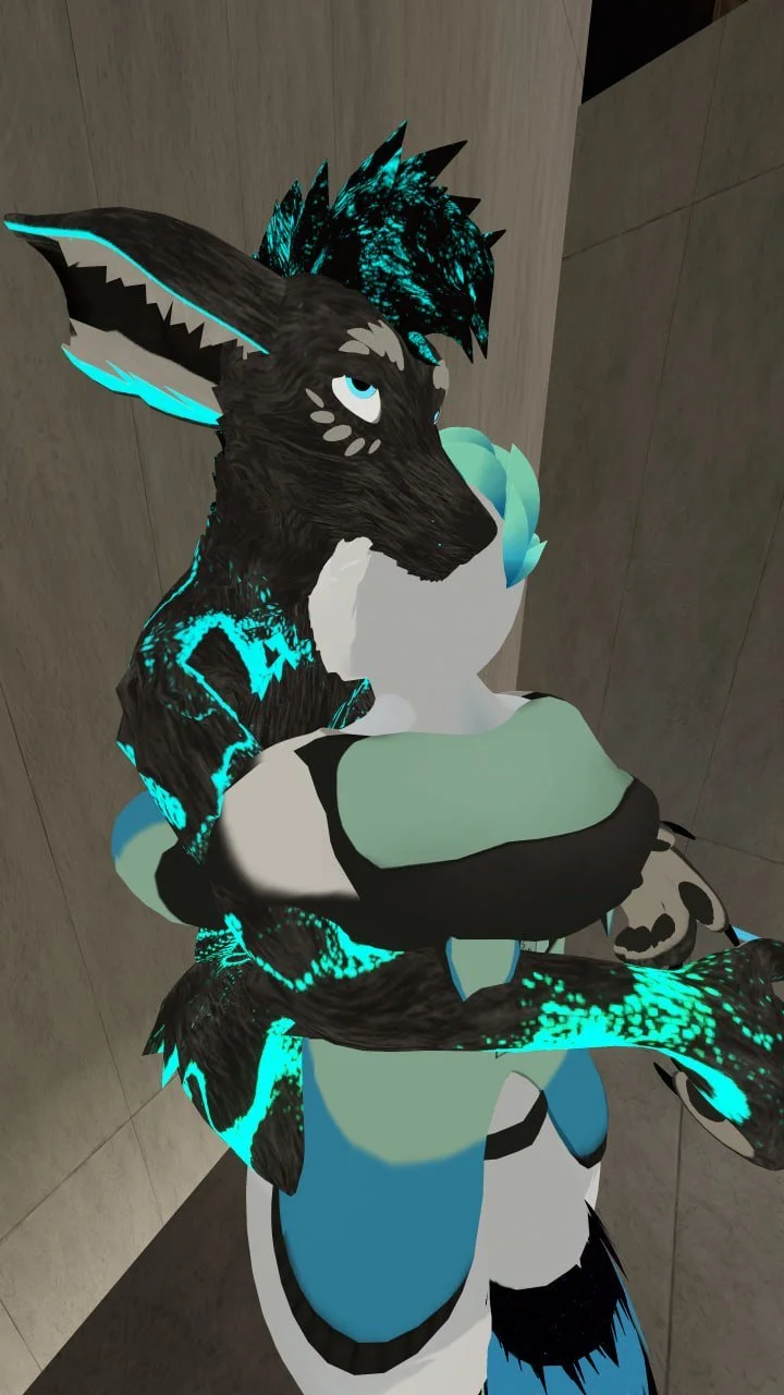 Digital artwork of an anthropomorphic character with a wolf-like appearance, blue eyes, and glowing blue accents, standing against a tiled wall background.