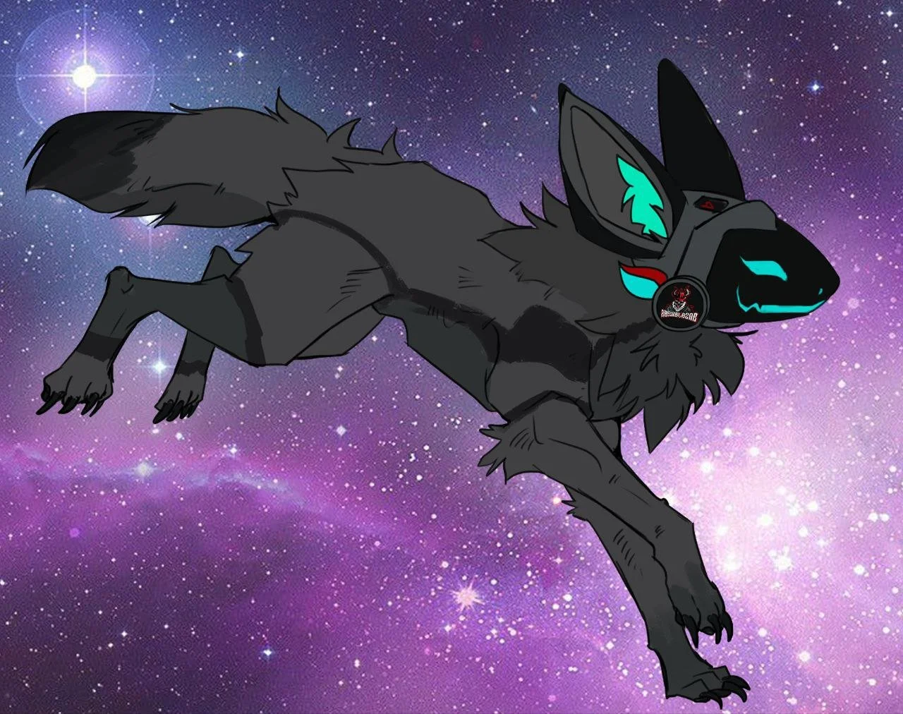 A digital illustration of an anthropomorphic black wolf with glowing neon blue accents, floating in space against a starry purple and pink galaxy background. The wolf wears a collar with a badge that has a logo on it.