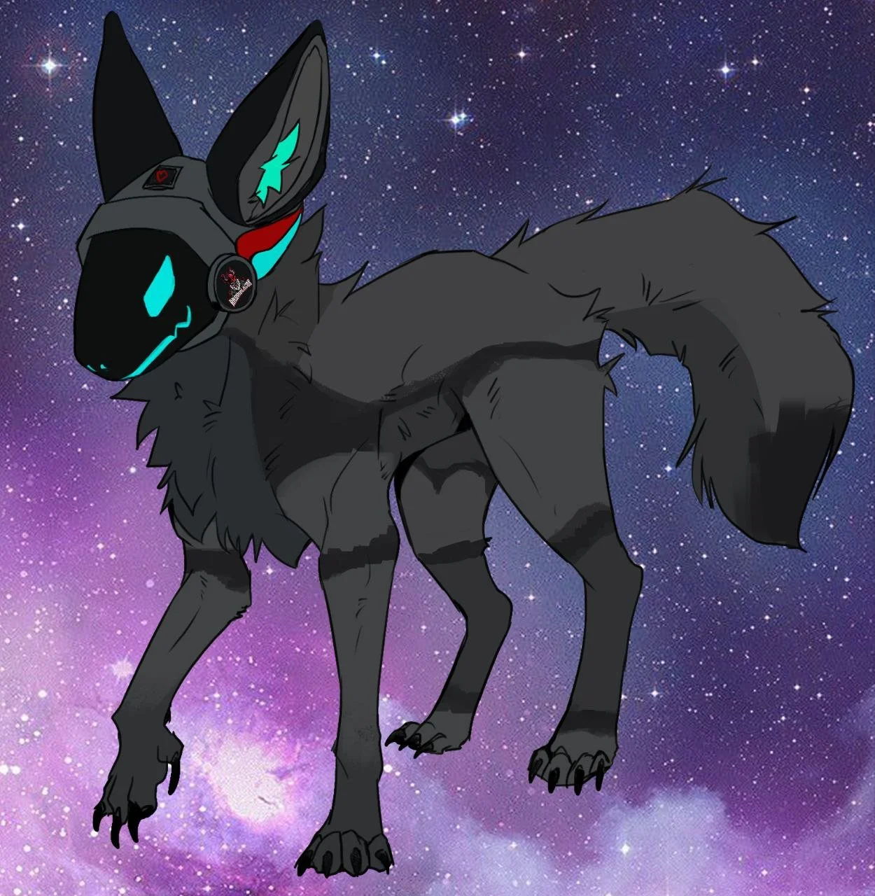 A digital illustration of a black, wolf-like creature with glowing cyan accents, wearing futuristic headphones, set against a starry outer space background.