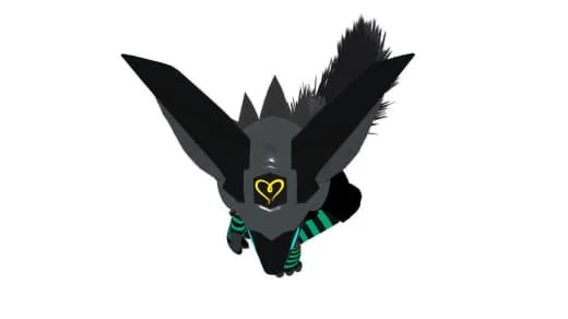A stylized black and gray dog with large ears, green and black striped legs, and a yellow heart on its forehead.