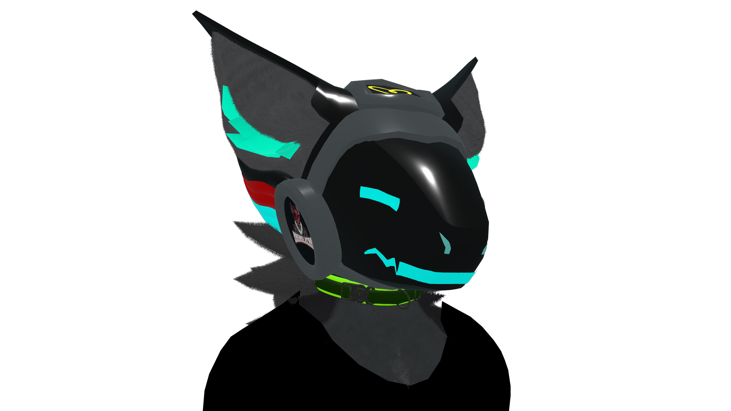Futuristic black dog helmet with neon blue accents, glowing eyes, and a digital display, against a black background.