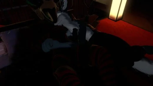 Person lying on a bed in a dark room, illuminated by a tall lamp on the right side.