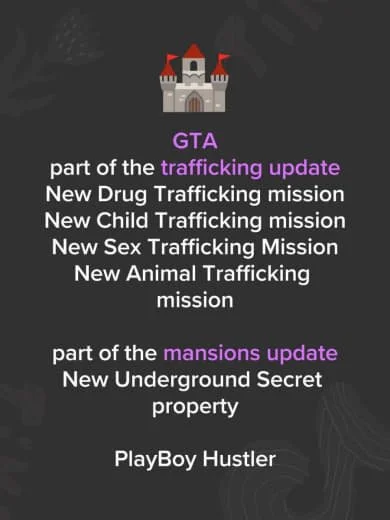 Text-based graphic with a castle icon at the top, listing updates for GTA including trafficking and mansion updates, along with a mention of PlayBoy Hustler.