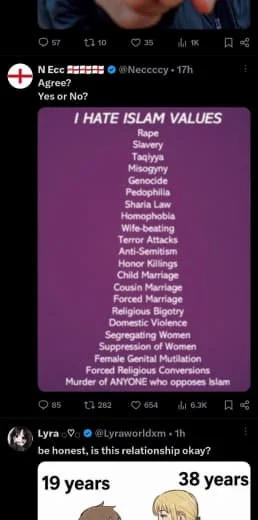 A social media post sharing a list of alleged crimes and negative values attributed to Islam, with a purple background and white text.