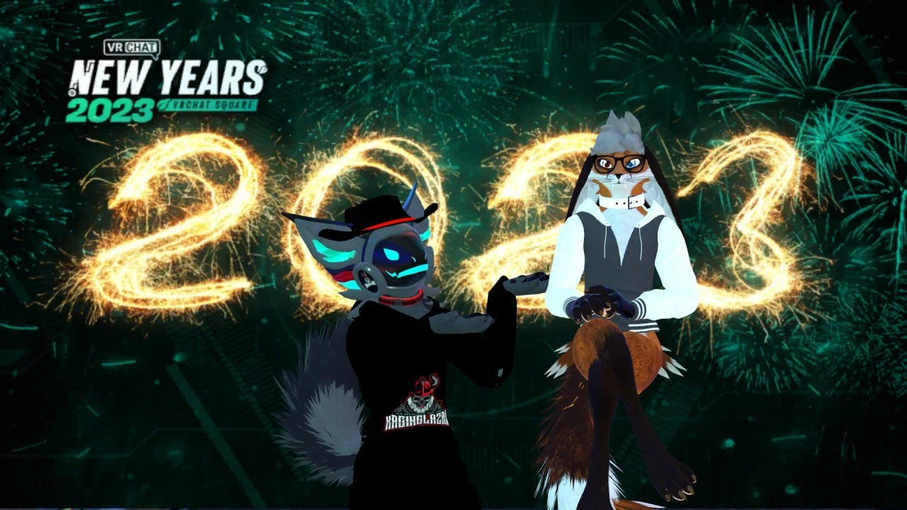 Animated digital graphic celebrating New Year's 2023 with fireworks and two anthropomorphic characters. One character is a blue fox-like creature wearing glasses, a hoodie, and a cap. The other character is a tan fox with glasses, a hoodie, and a sca