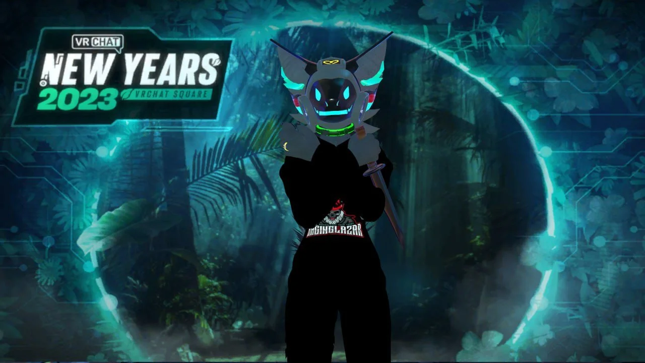 A digital illustration featuring a character with a dragon or demon-like mask and glowing blue eyes, wearing dark clothing and holding a sword, with a neon, digital forest background. The text reads 'VR CHAT NEW YEARS 2023 VRCHAT SQUARE'.