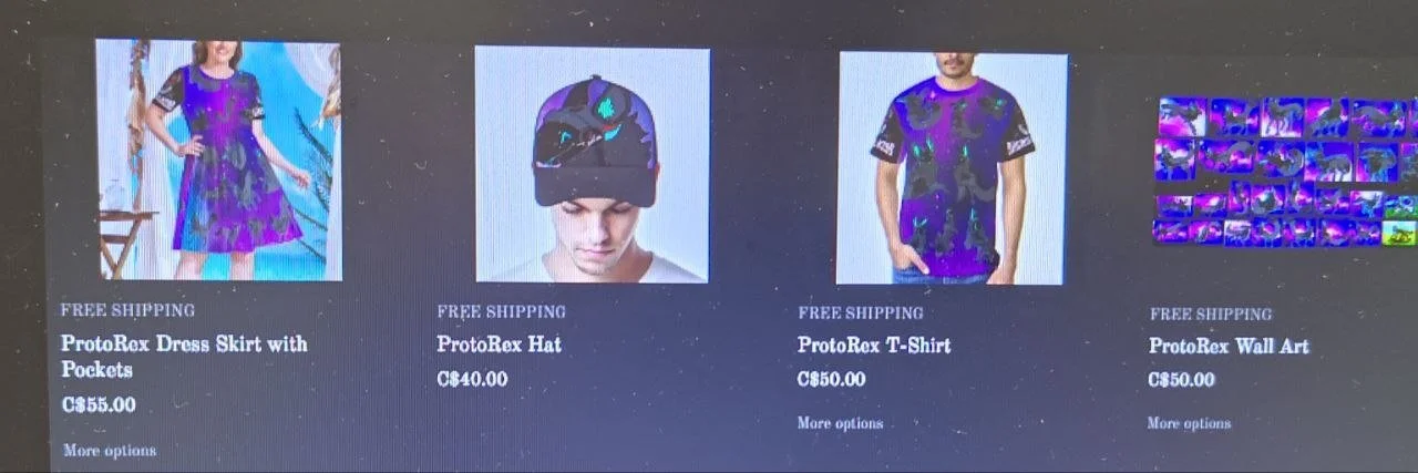 Screenshots of four fashion items, including a dress, a hat, a t-shirt, and wall art, each with pricing and free shipping labels.