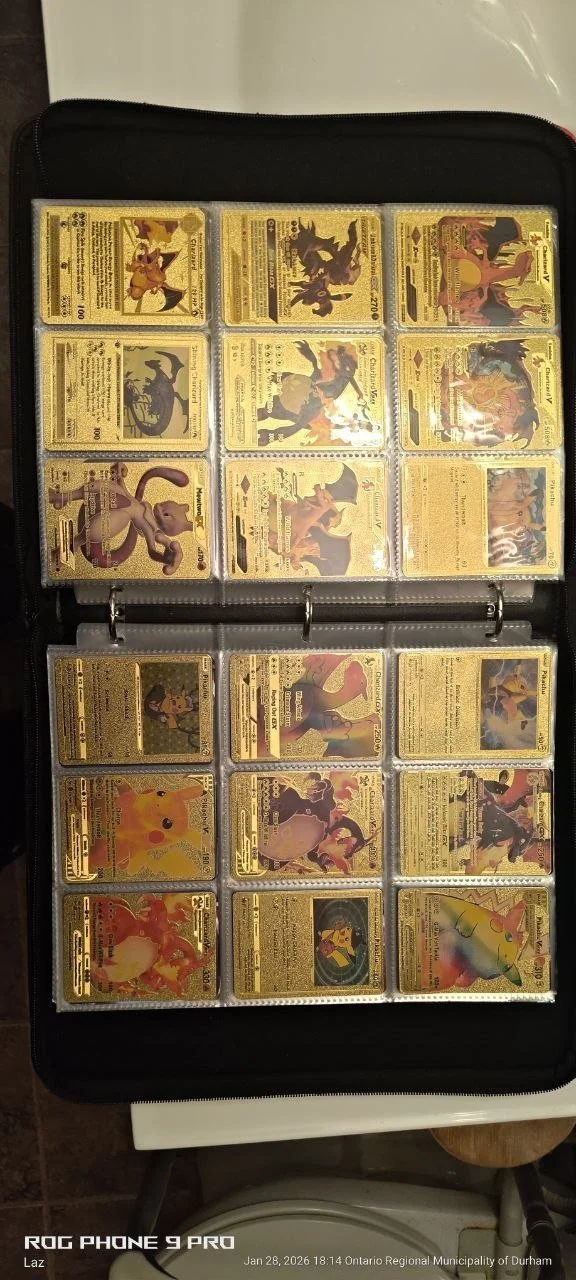 Collection of Pokémon trading cards in a binder with Pokémon characters on a gold background.