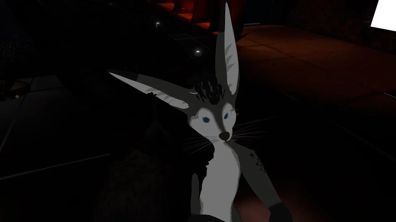 Animated illustration of a husky dog with blue eyes in a dark environment.