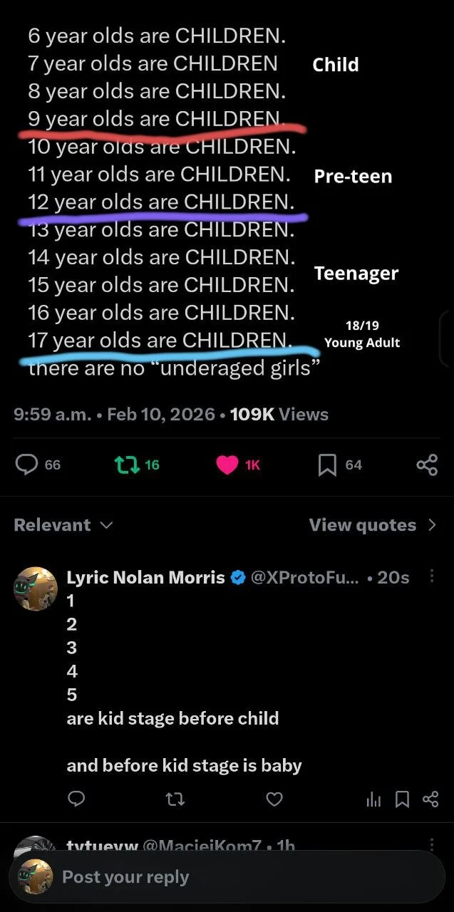 A social media post listing age groups from 6 to 17 years old as children, pre-teen, teenager, and young adult. The post includes colored lines under specific age groups and notes that there are no underaged girls.