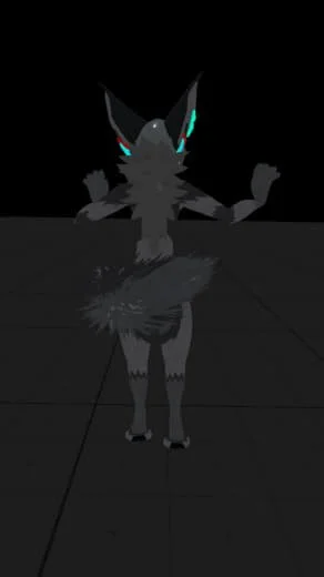 Anthropomorphic wolf character with glowing teal and red accents, standing on a tiled floor in a dark environment.