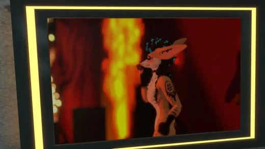 Digital screen displaying a cartoon character with a stylized face and ears, standing in front of a fiery background.