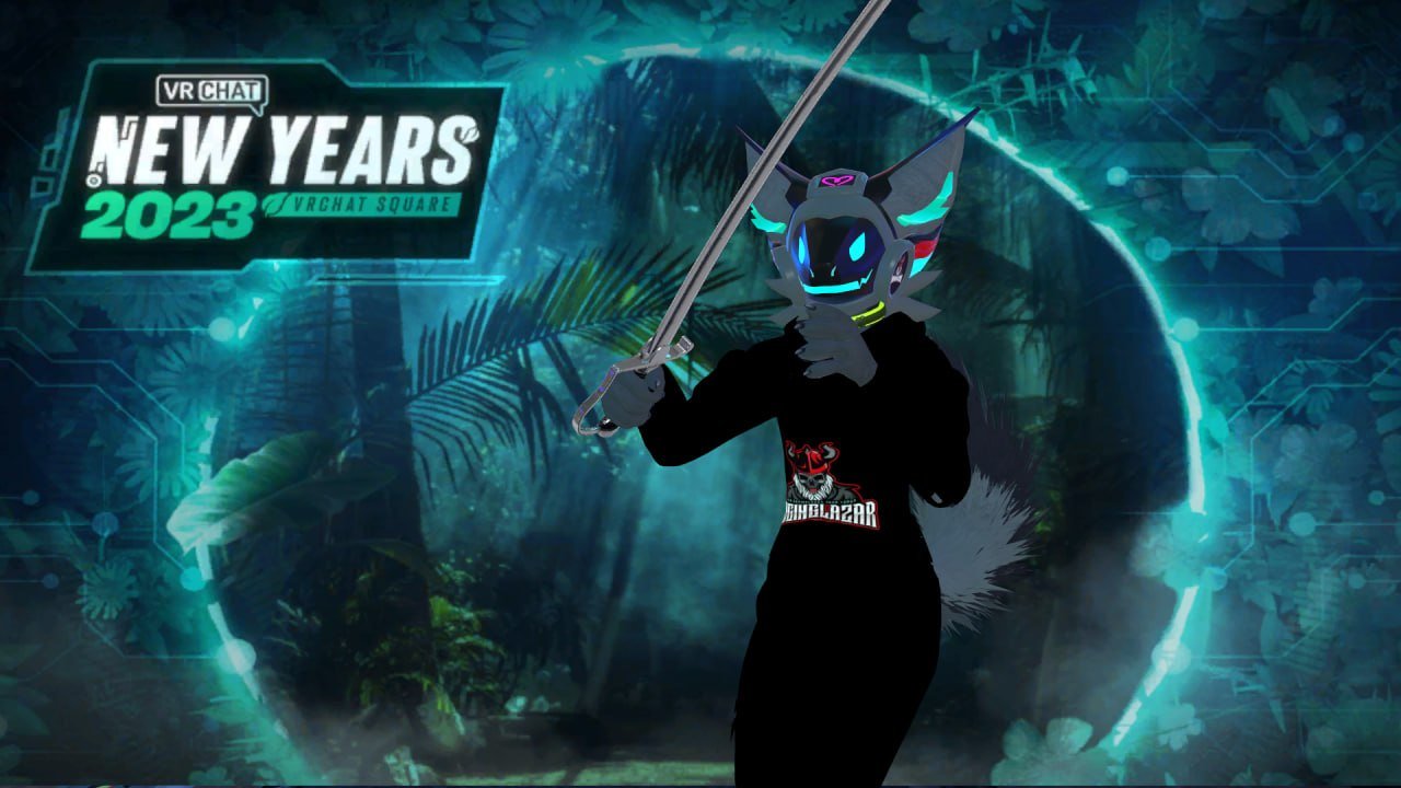 A digital illustration of a humanoid cat character with neon blue eyes and a mischievous grin, dressed in black with a logo on the chest, holding a sword in a fantasy jungle setting with digital and technological effects, celebrating New Year's 2023 