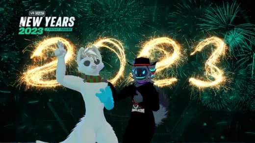 Two characters, an anthropomorphic wolf and a snowman, celebrating New Year's 2023 with fireworks in the background.