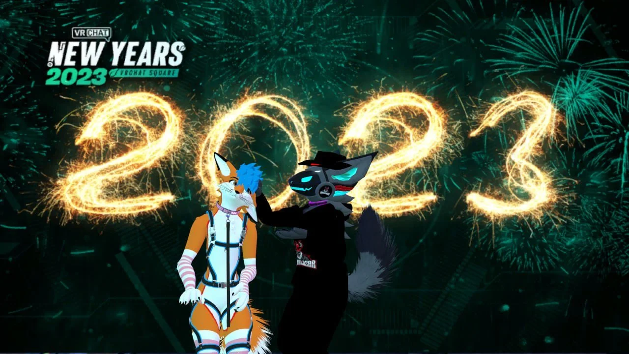 Digital illustration of two anthropomorphic characters celebrating New Year's 2023 with fireworks in the background. One character is a fox with orange and white fur dressed in a futuristic outfit, and the other is a dark-colored feline with luminous
