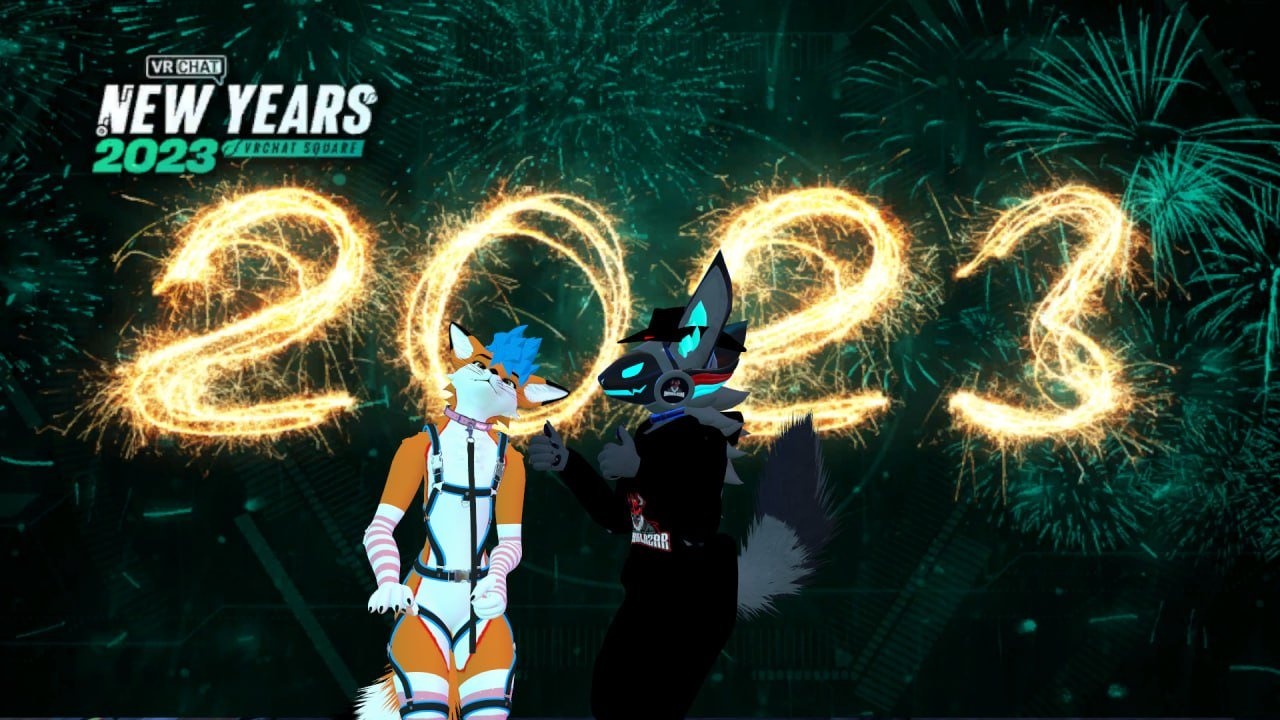 Two anthropomorphic furry characters in front of a New Year's 2023 celebration with fireworks and 2023 illuminated in sparkles, with a logo for the VRChat New Year's event.