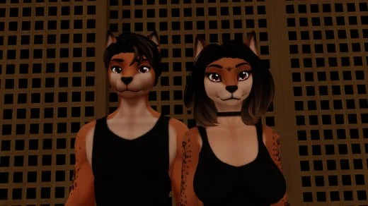 Two anthropomorphic anthropomorphic characters with feline features, wearing black tank tops, standing in front of a wooden lattice background.