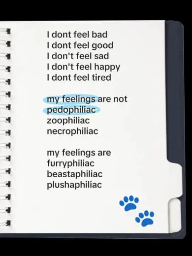 Notebook page with a humorous poem about feelings, mentioning that feelings are not pedophiliac, zoophiliac, necrophiliac, and including references to furrypilliac, beastaphiliac, and plushaphiliac, with paw print illustrations.