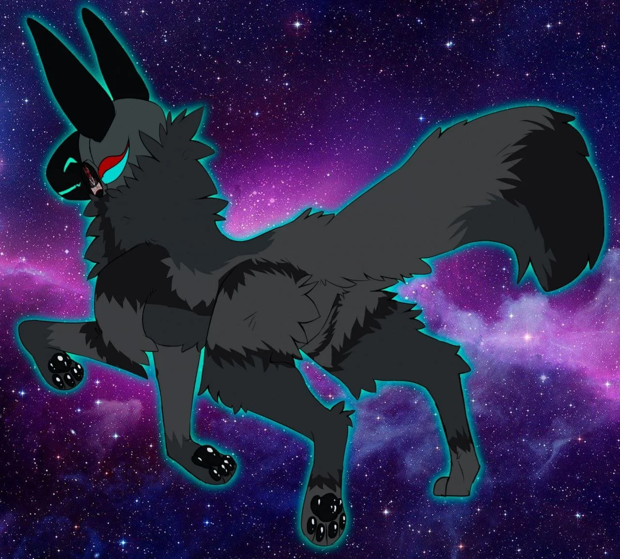 A digital illustration of an anthropomorphic black wolf with red and blue eyes, standing against a cosmic purple and blue galaxy background.