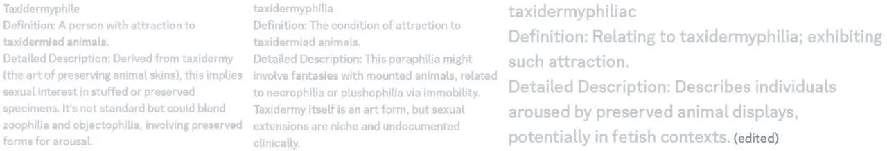 Text explaining taxidermy and taxidermy philia, including definitions and detailed descriptions of these concepts.