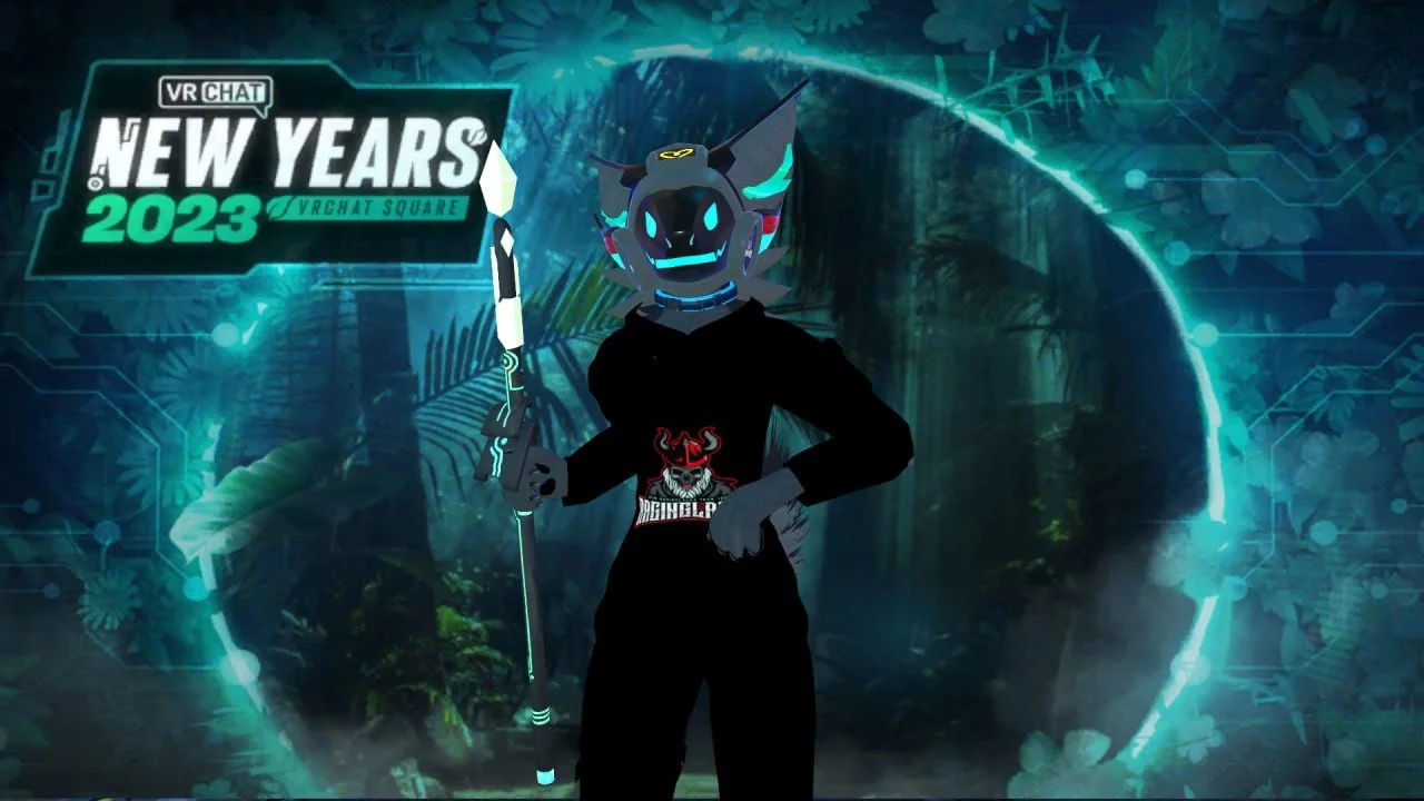 A digital illustration of a humanoid figure wearing a dragon-themed mask, black hoodie with a red demon skull graphic, and black pants, holding a spear. The background features a tropical jungle scene with digital effects, and a text overlay reading 