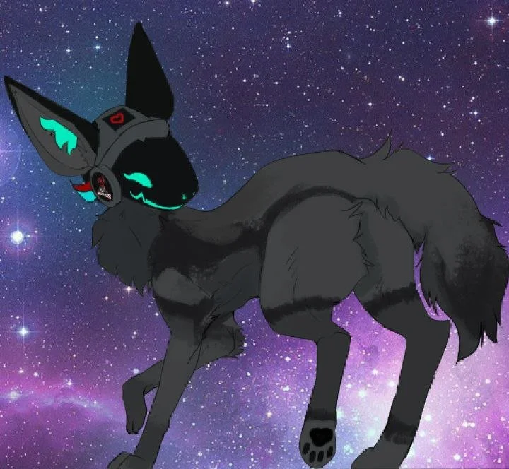 A black cartoon fox with neon blue accents and headphones, standing against a starry galaxy background.