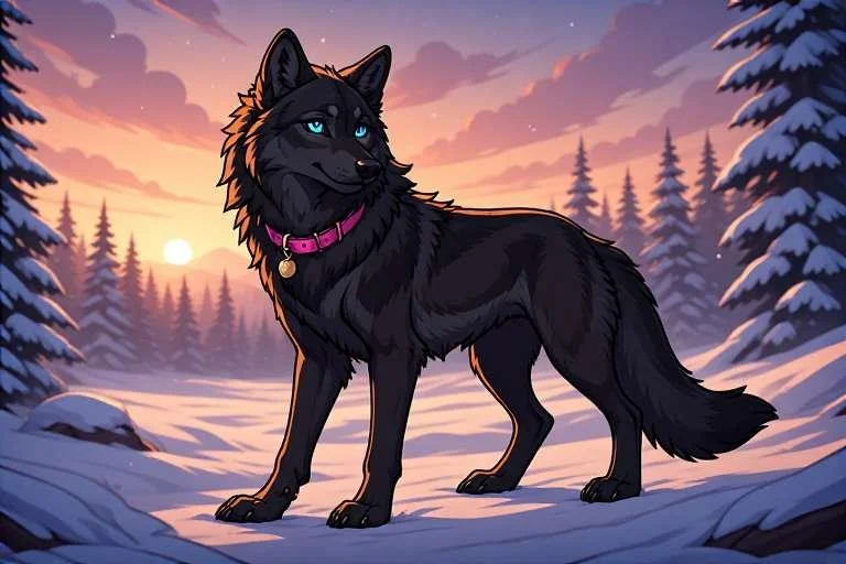 A digital illustration of a black dog with blue eyes and a pink collar in a snowy forest during sunset.