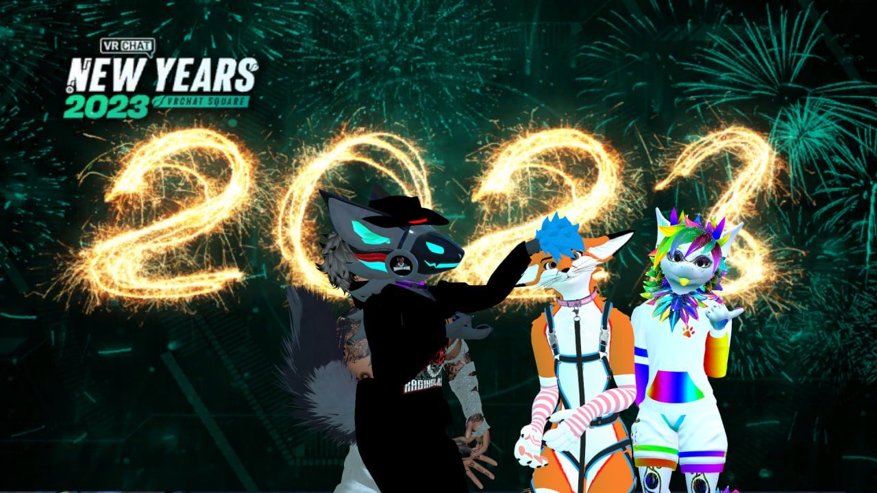 Virtual New Year's 2023 celebration featuring anthropomorphic characters in colorful costumes with fireworks and illuminated '2023' in the background.