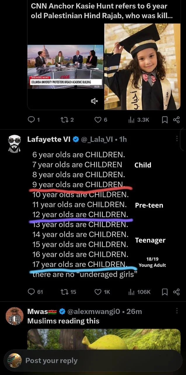 A Twitter post with a split image, one side shows a news broadcast with CNN logo about a 6-year-old Palestinian boy, and the other side shows a young girl in a graduation cap and gown. The post quotes a user commenting on children's ages and maturity