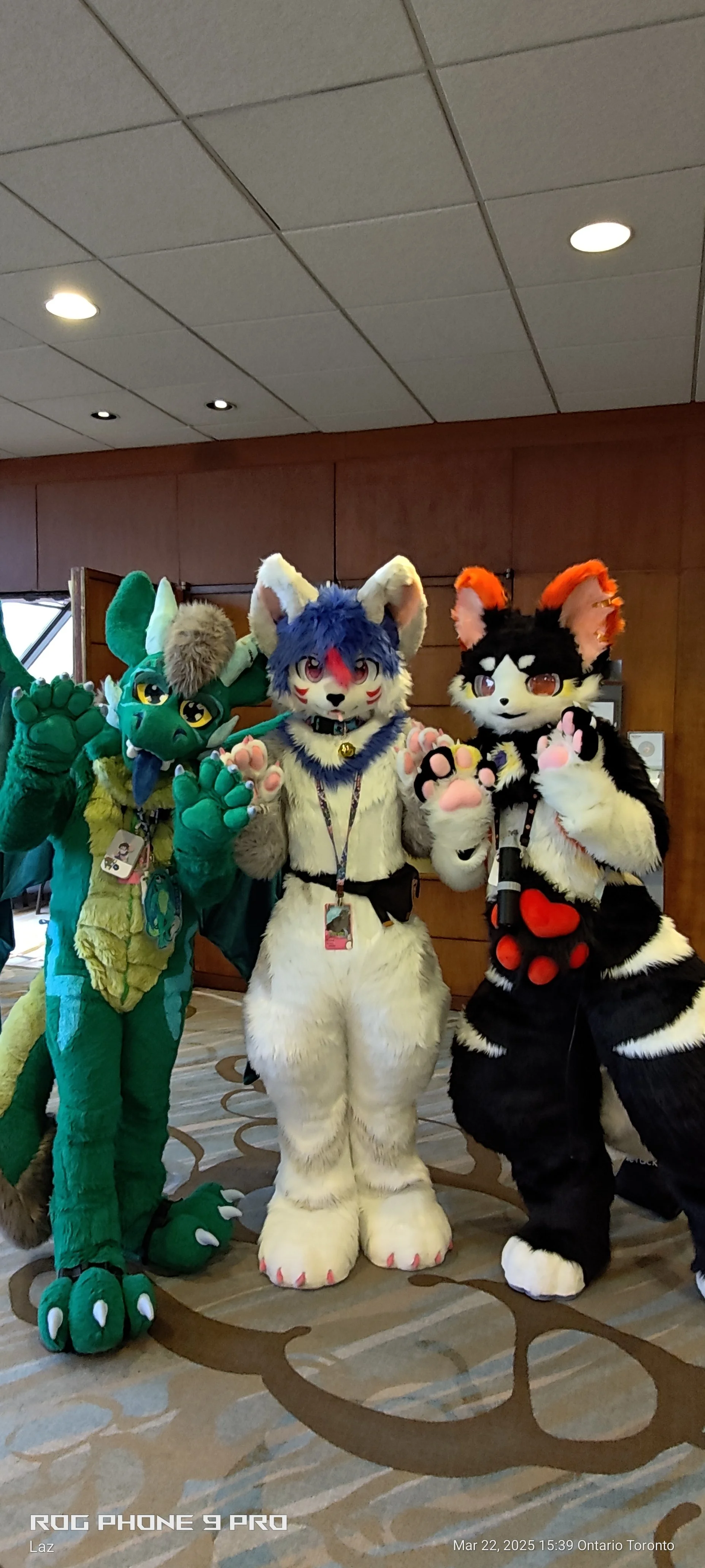 Three people in detailed custom animal costumes (fursuits) posing indoors on a carpeted floor. The costumes include a green dragon, a white and blue fox, and a black and orange cat, all waving at the camera.