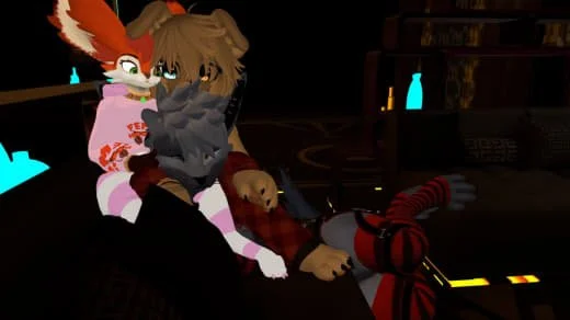 Two characters, one with fox-like features and the other with animal features, are sitting together in a dark, cozy setting with bottles and books in the background. They appear to be looking at a third character, a red and black humanoid figure with