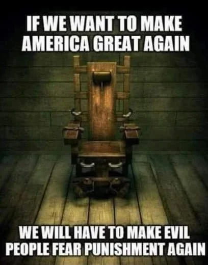 A wooden throne with chains on the sides and a flowing waterfall feature in a dark room, with a quote about making America great again by making people fear punishment.
