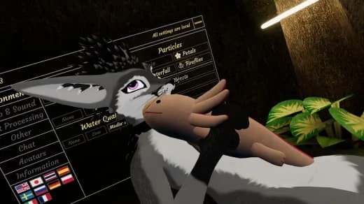 A digital illustration of a cartoon-like character resembling a wolf or fox, lying down with a relaxed expression and connected to a medical or scientific device on its arm, with a background showing charts and plant-like elements.
