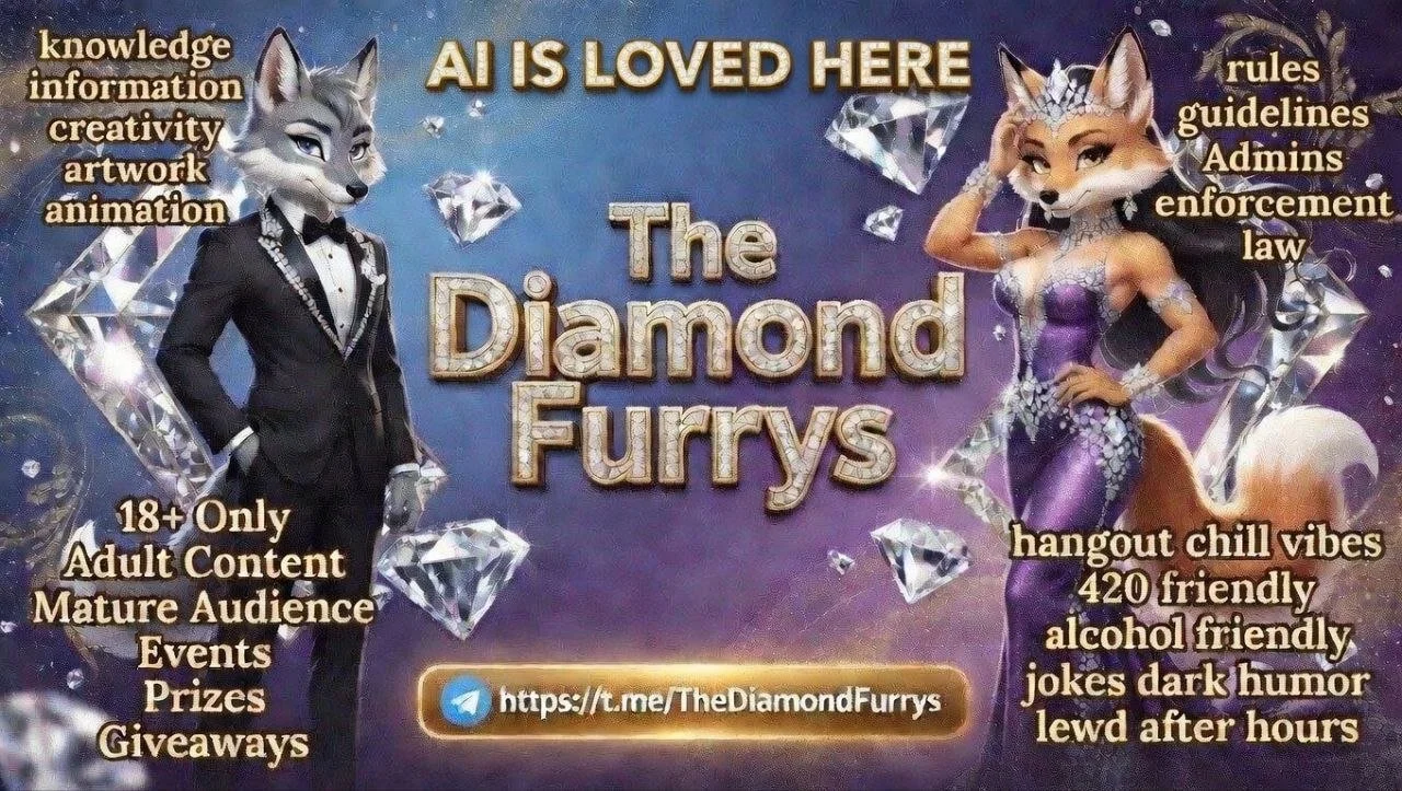 An advertisement for The Diamond Furrys featuring anthropomorphic fox characters dressed in formal attire, with a background of diamonds and purple hues. Text highlights features such as adult content, 18+ age restriction, humor, and alcohol friendli