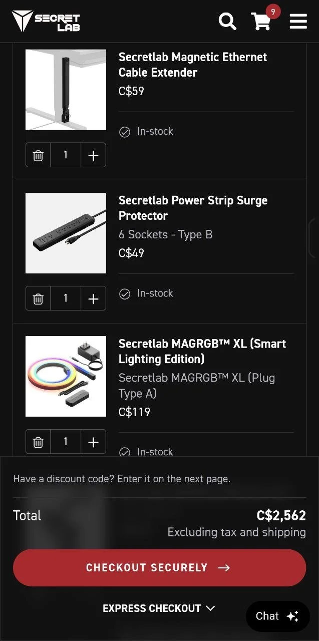 Screenshot of a shopping cart checkout page showing three tech products: a Secretlab Magnetic Ethernet Cable Extender, a Secretlab Power Strip Surge Protector, and a Secretlab MAGRGB™ XL smart lighting kit, with total price C$2,562.