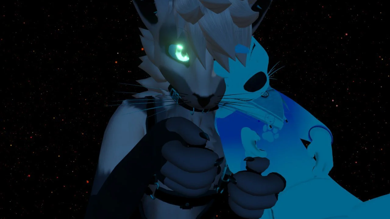Animated anthropomorphic animal character with glowing green eye, wearing a blue outfit, in space with stars in the background.