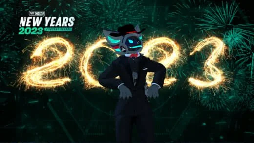 Animated character in a tuxedo with blue fur, standing in front of a New Year's 2023 celebration with fireworks and sparklers.